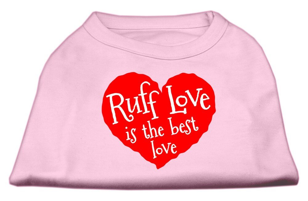 Light pink pet shirt with red "Ruff Love" heart graphic and matching text