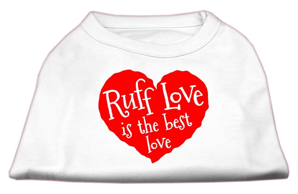 White pet shirt with red "Ruff Love" heart graphic and matching text