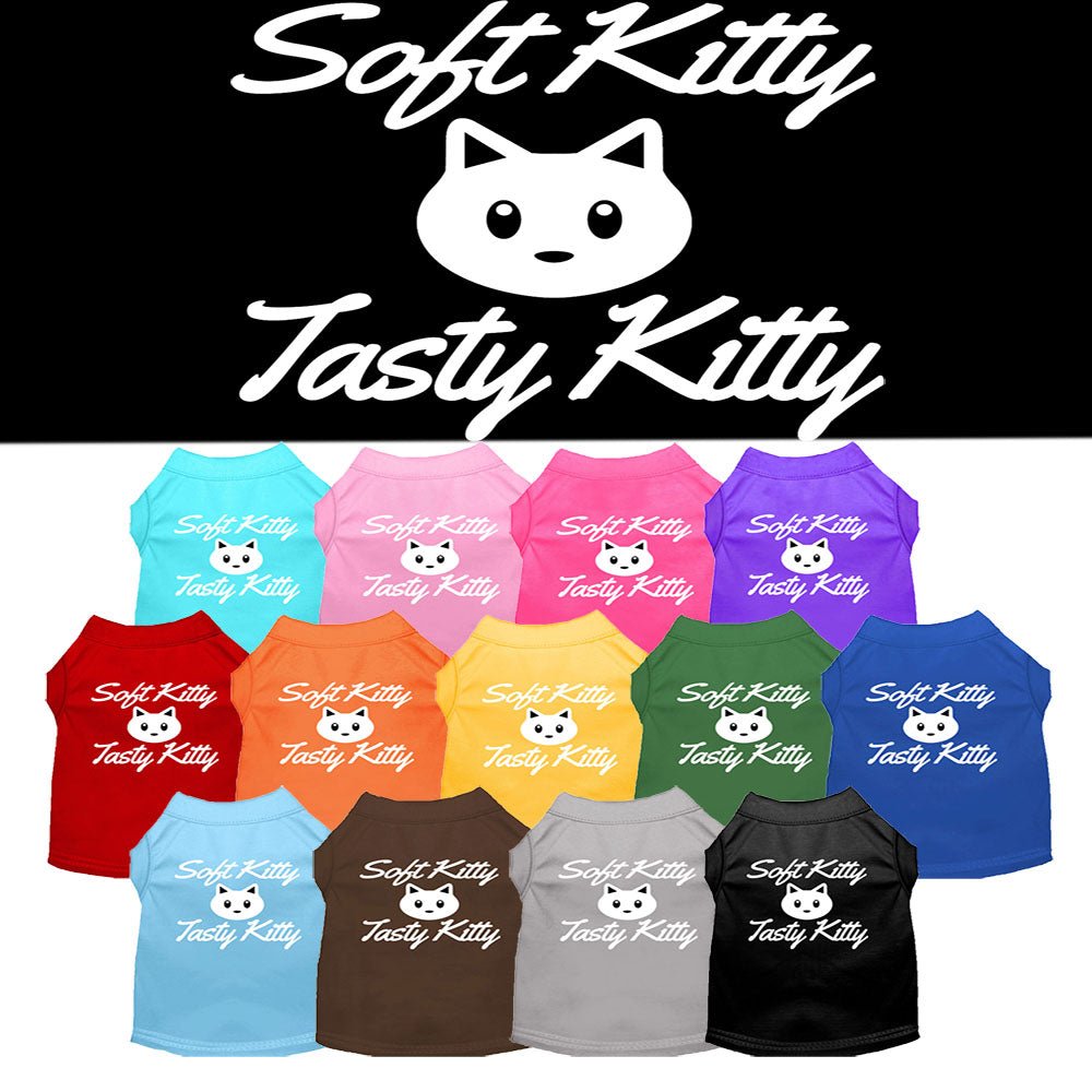 Pet shirt assortment in multiple colors with cat graphic and 'Soft Kitty, Tasty Kitty'