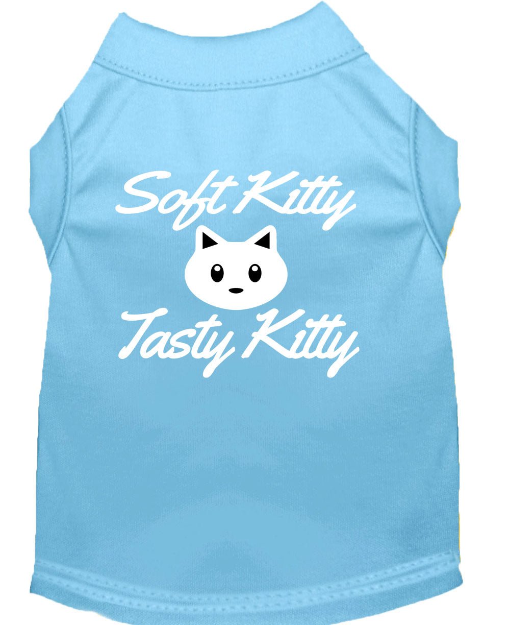 Light blue pet shirt with 'Soft Kitty' and 'Tasty Kitty' cat graphic on back