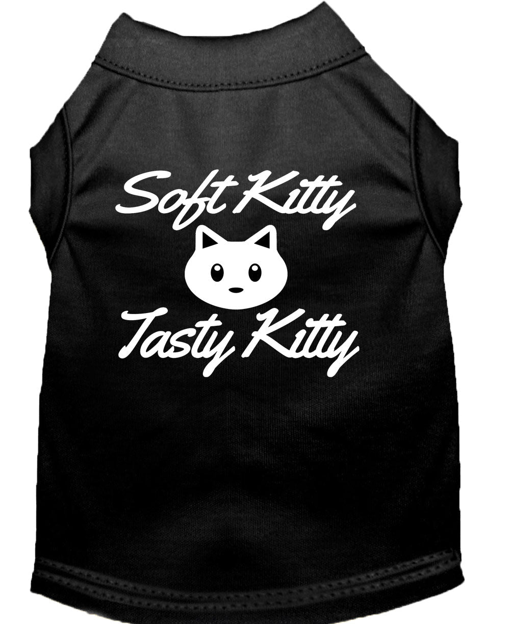 Black pet shirt with 'Soft Kitty' and 'Tasty Kitty' cat graphic on back