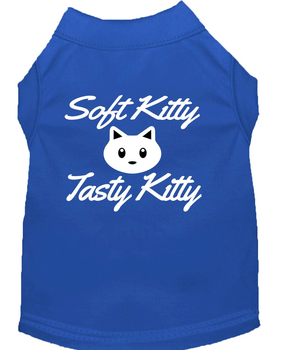 Blue pet shirt with 'Soft Kitty' and 'Tasty Kitty' cat graphic on back