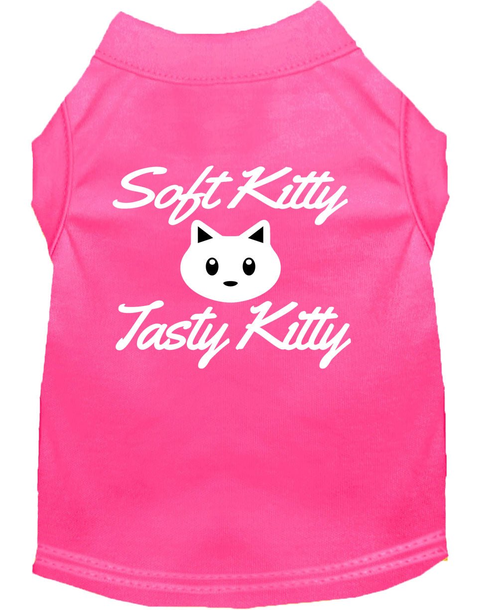 Bright pink pet shirt with back cat graphic and 'Soft Kitty'/'Tasty Kitty' text