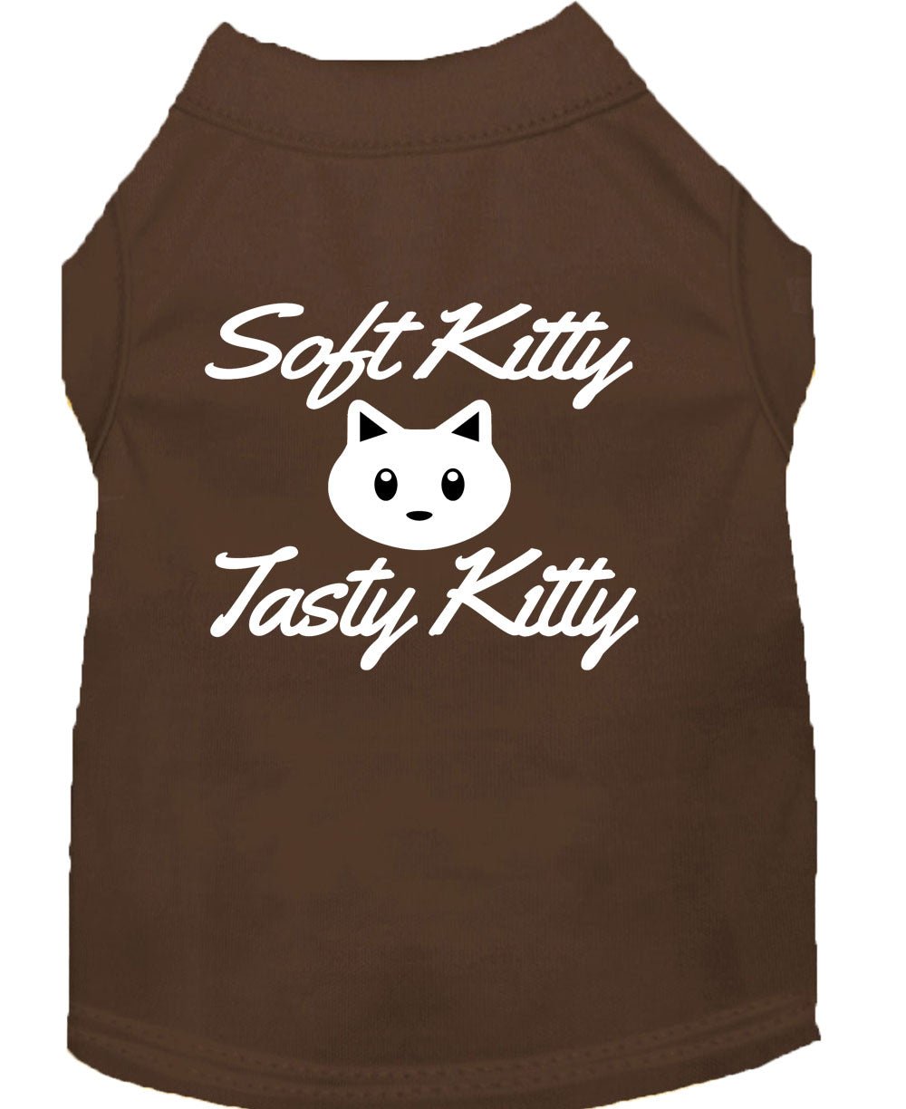 Brown pet shirt with 'Soft Kitty' and 'Tasty Kitty' cat graphic on back