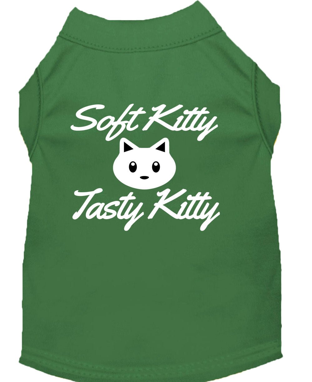 Emerald green pet shirt with back cat graphic and 'Soft Kitty'/'Tasty Kitty' text