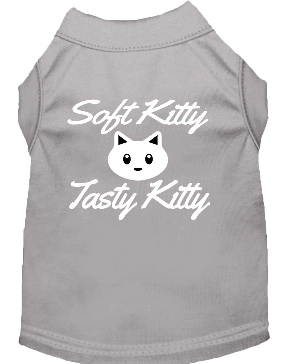 Gray pet shirt with 'Soft Kitty' and 'Tasty Kitty' cat graphic on back