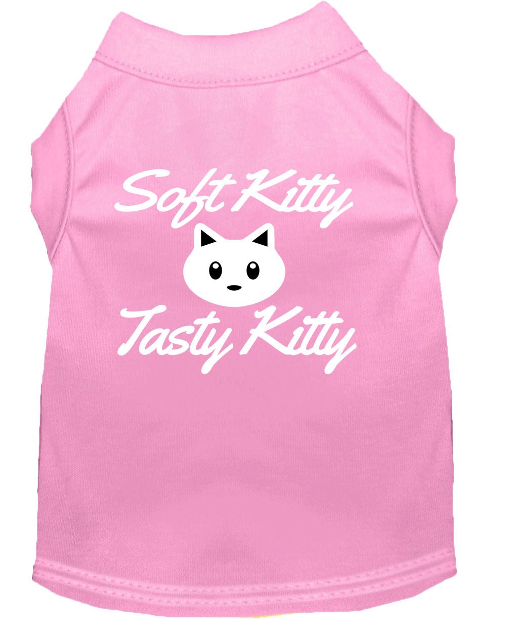 Light pink pet shirt with back cat graphic and 'Soft Kitty'/'Tasty Kitty' text