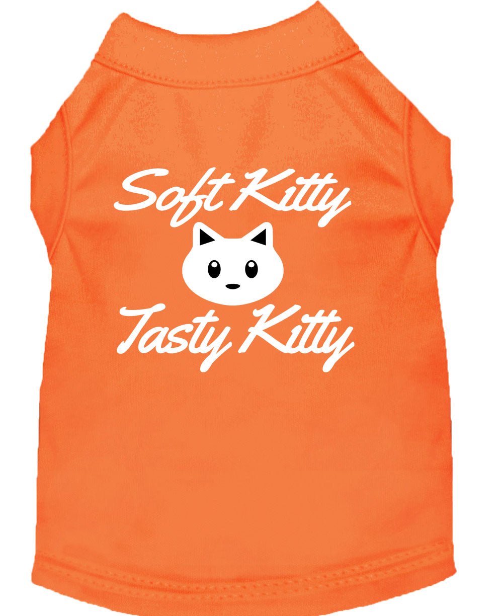 Orange pet shirt with back cat graphic and 'Soft Kitty'/'Tasty Kitty' text