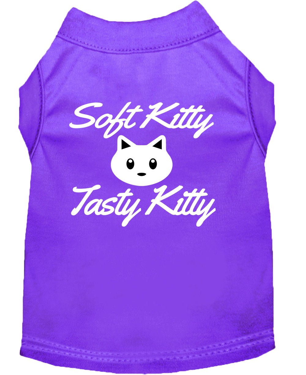 Purple pet shirt with back cat graphic and 'Soft Kitty'/'Tasty Kitty' text