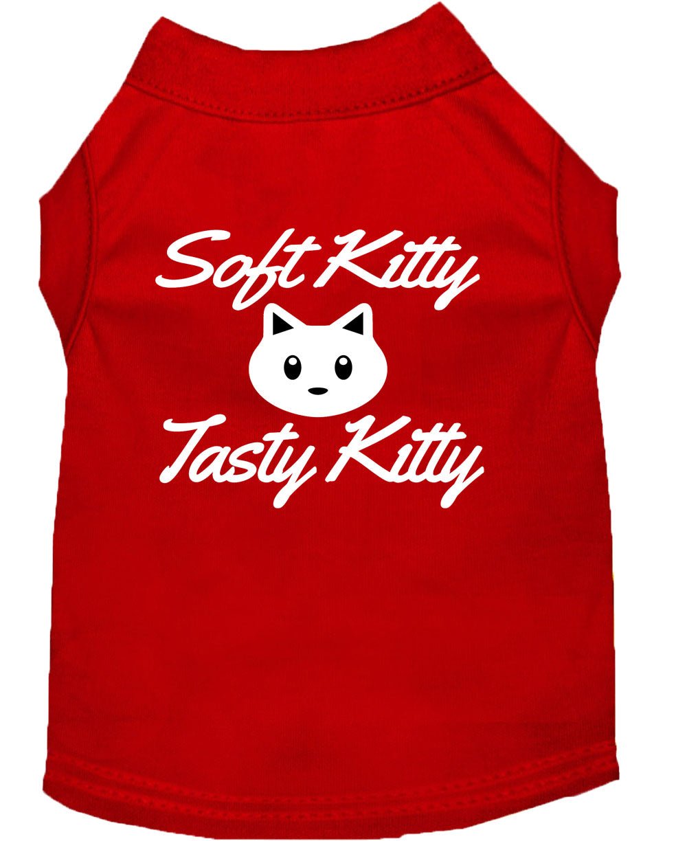 Red pet shirt with back cat graphic and 'Soft Kitty'/'Tasty Kitty' text