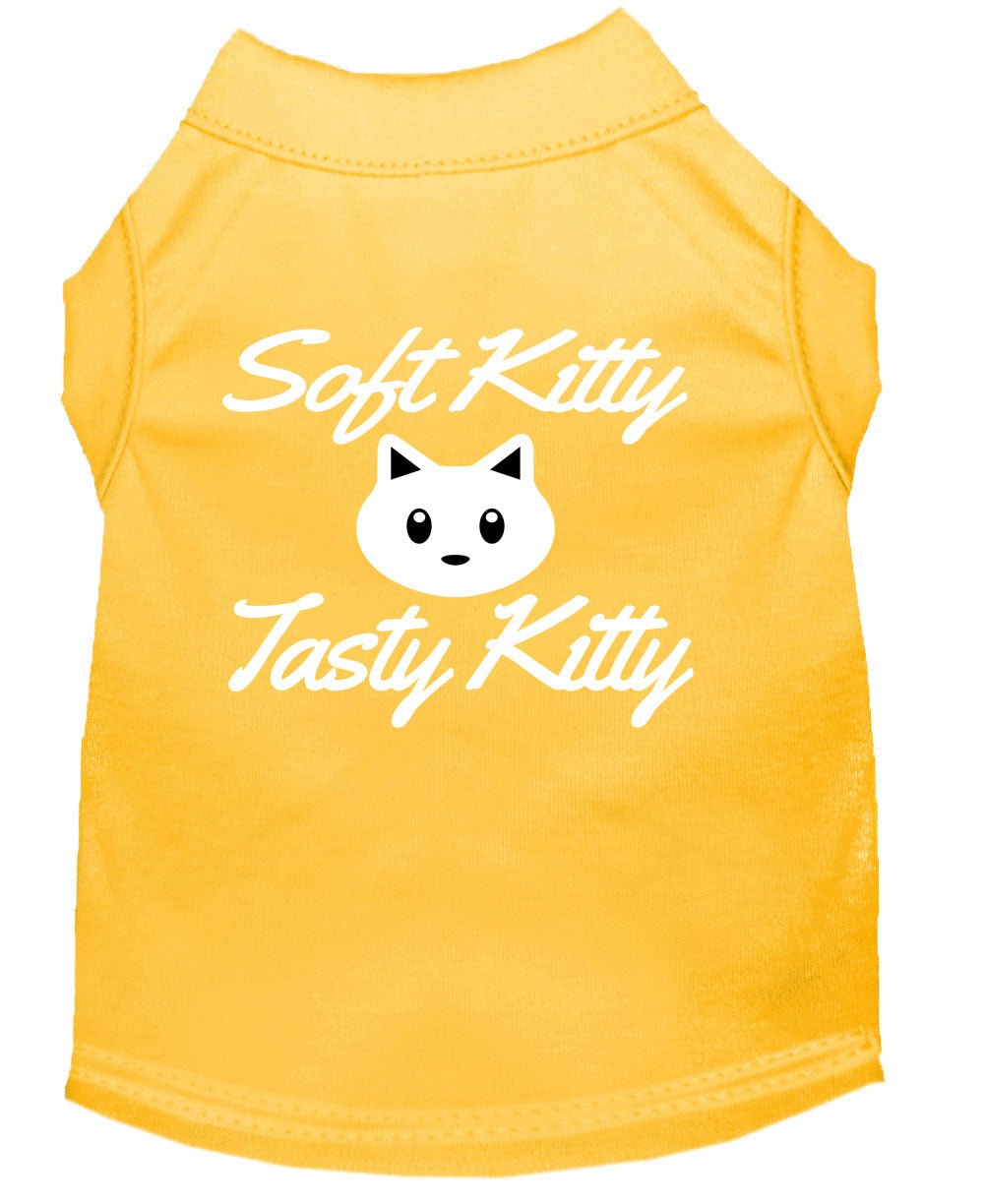 Yellow pet shirt with back cat graphic and 'Soft Kitty'/'Tasty Kitty' text