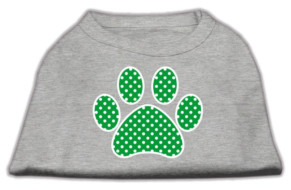 Gray pet shirt with green polka-dot paw print graphic