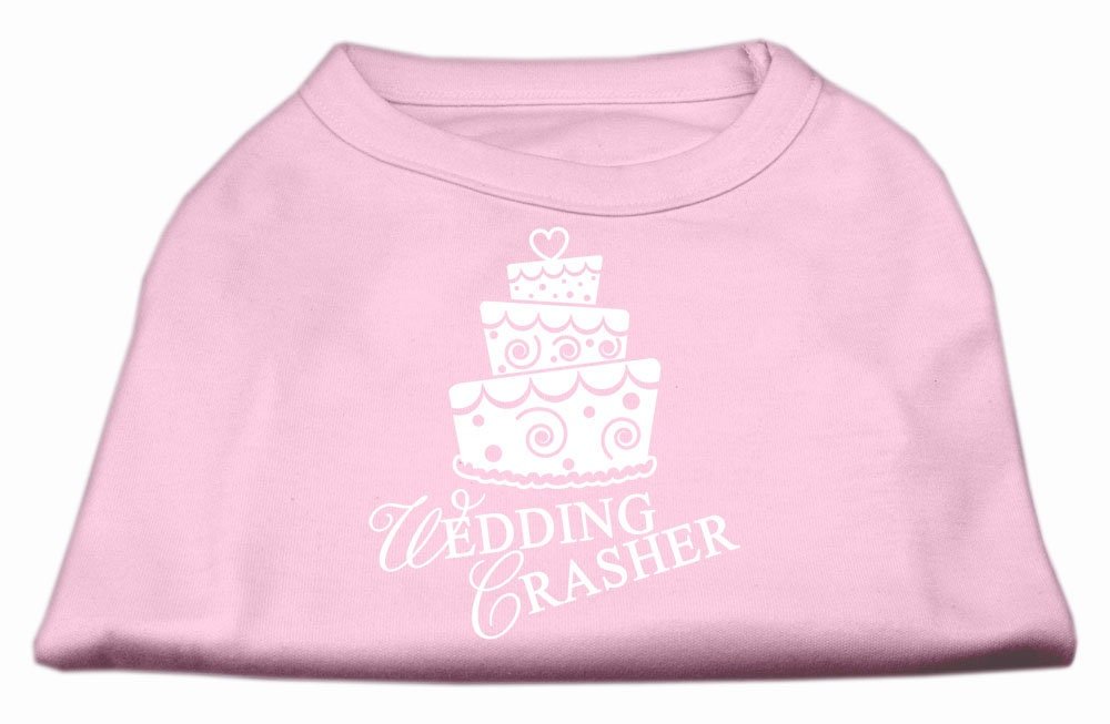 Light pink pet shirt with white wedding-themed cake graphic on the front