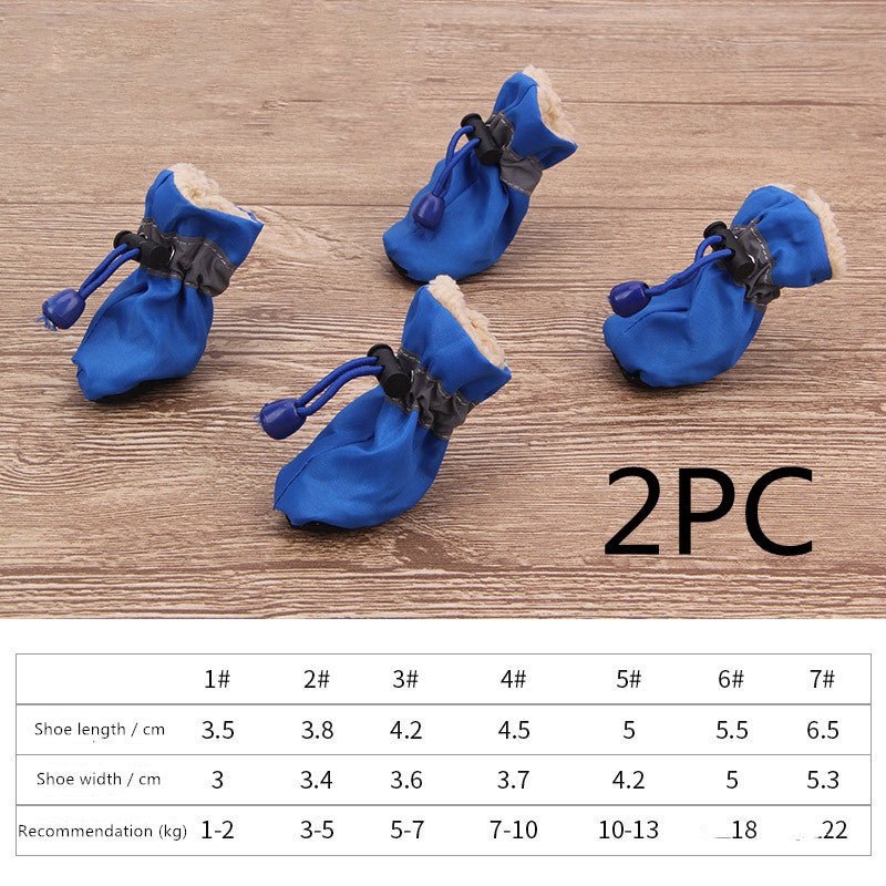 Blue soft dog shoes with black straps and fuzzy lining, pair set