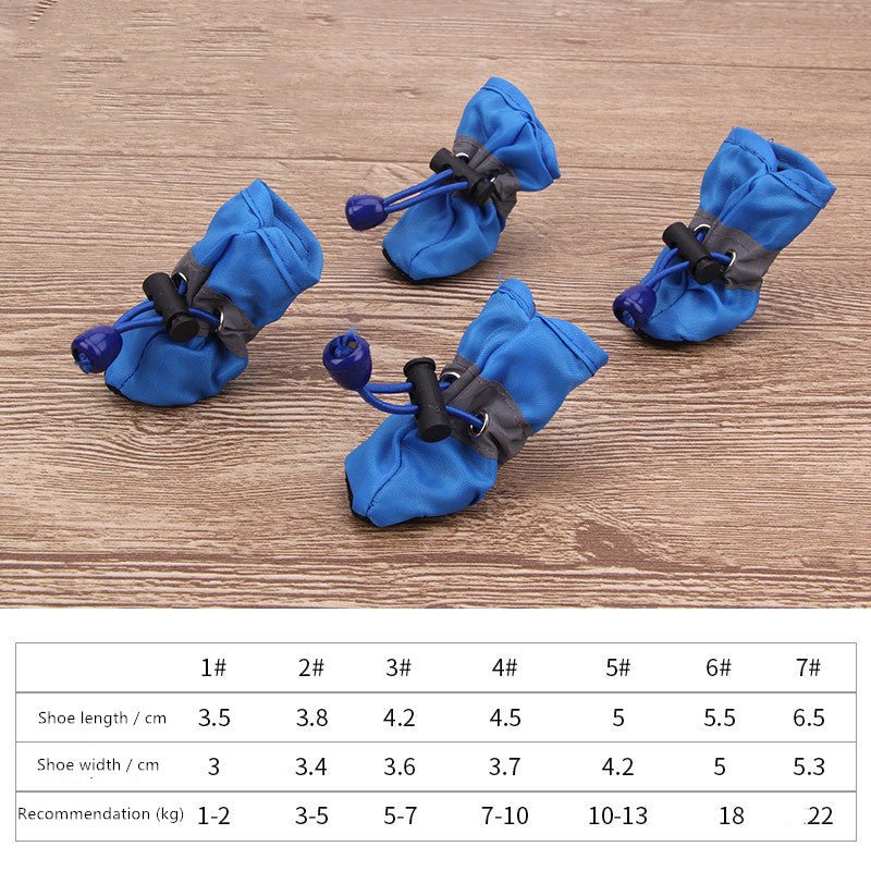 Blue fabric dog boots with black buckles and plush-lined openings