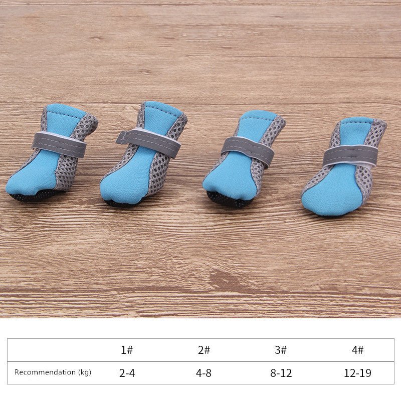 Light blue dog soft boots with gray patterned upper and gray strap