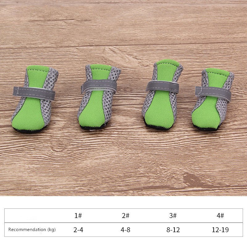 Green dog soft boots with gray patterned upper and hook-and-loop closure