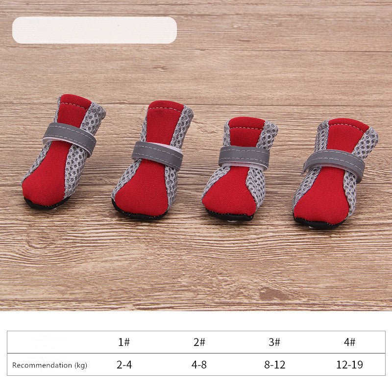 Red dog soft pet shoes with gray ankle straps and textured side panels.