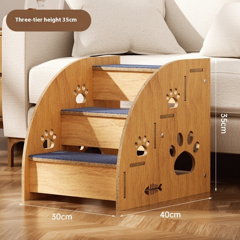 Wooden three-tier pet stairs with blue anti-slip steps and paw-print side cutouts