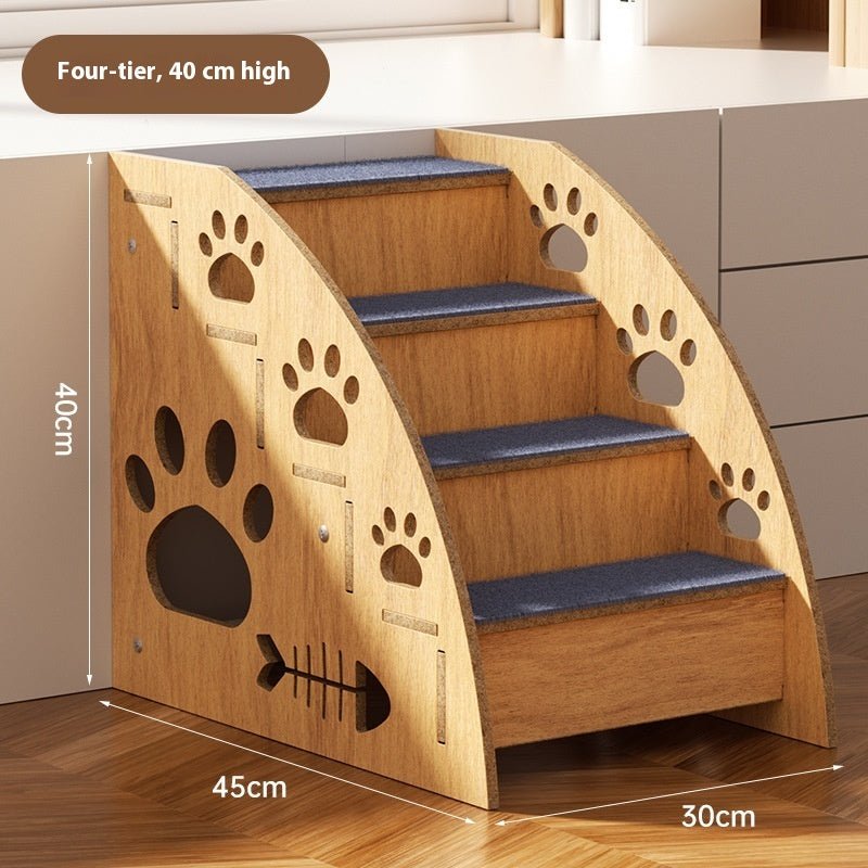 Four-tier wooden pet stairs with blue anti-slip steps and paw-print side panels