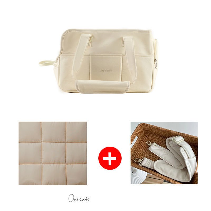 Cream pet dog hand messenger bag with structured front panels and top carry handles