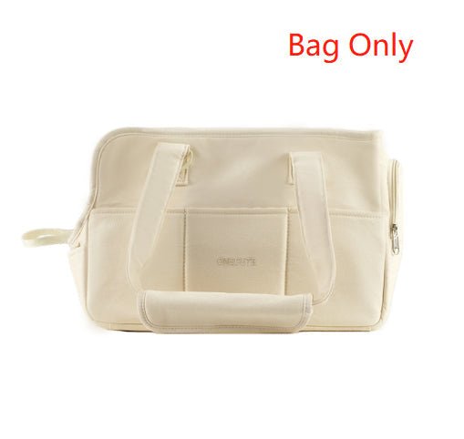 Cream pet dog hand messenger bag with front divider pocket and zipper closures