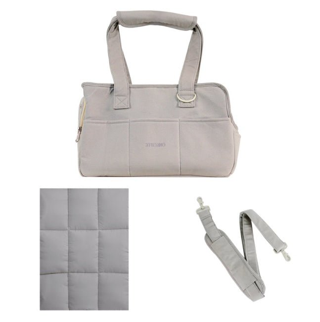 Gray pet dog hand messenger bag with front panels and adjustable shoulder strap