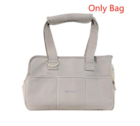 Light gray pet dog hand messenger bag with top carry handle and front zipper pocket