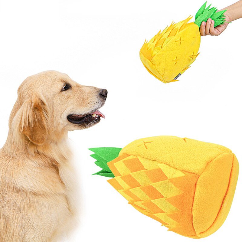 Yellow pineapple pet soft toy plush with green leaves, held up for a dog to play