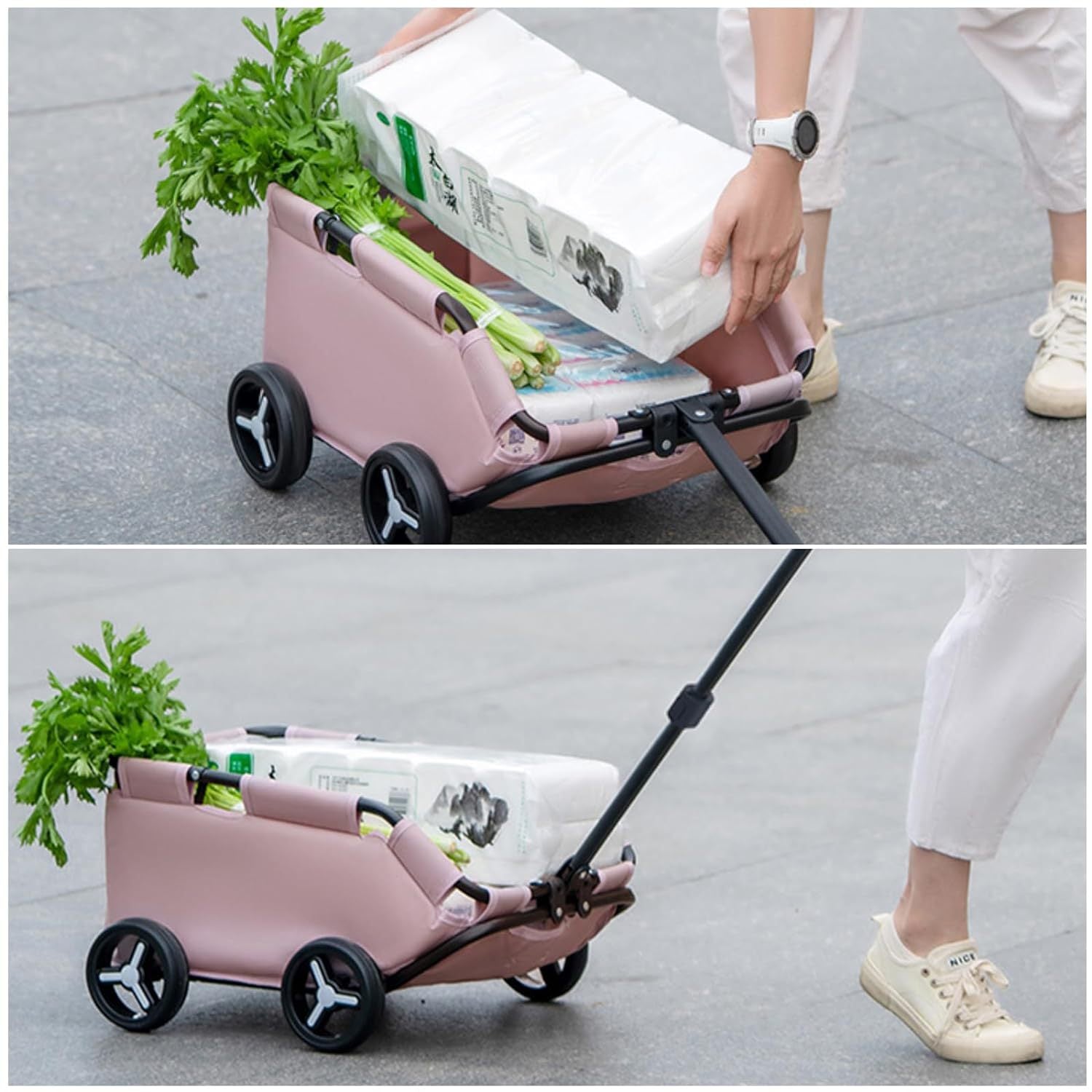 Pink pet stroller with open side panels and carry handle, small pet cart frame visible
