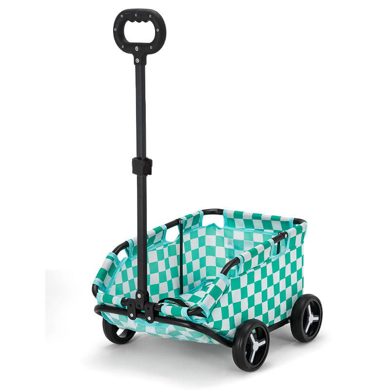 Green plaid pet stroller with padded seat, foldable frame, and four wheels on display