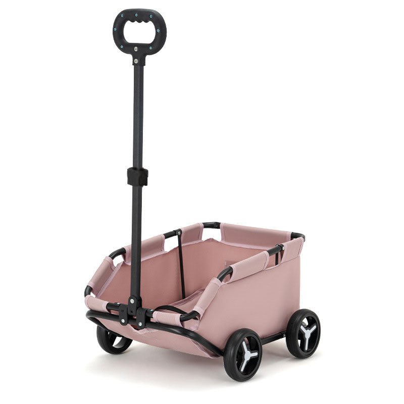 Pink pet stroller with padded seat and side mesh paneling, foldable frame and wheels visible