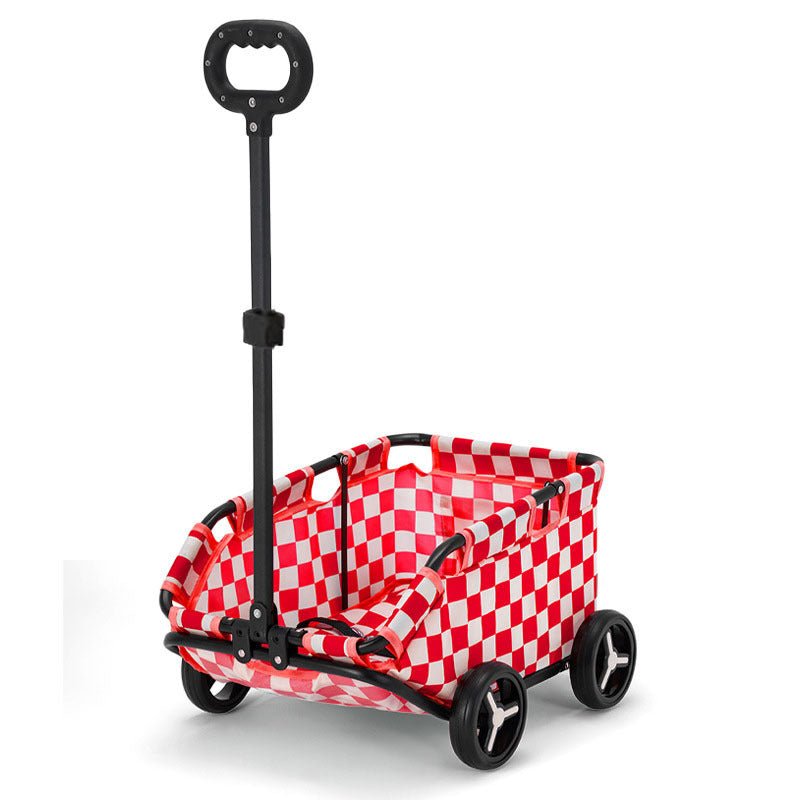 Red plaid pet stroller with padded seat, foldable frame, and four wheels on display