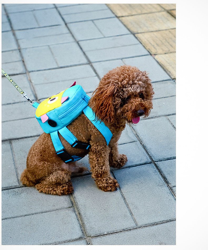 Blue pet backpack with cartoon face front and padded harness-style straps for dogs