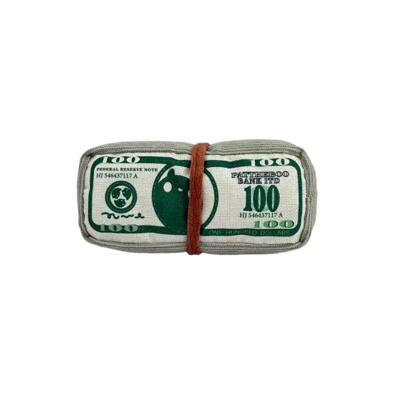 Dollar-shaped pet squeaky crinkle toy in green-and-gray fabric roll