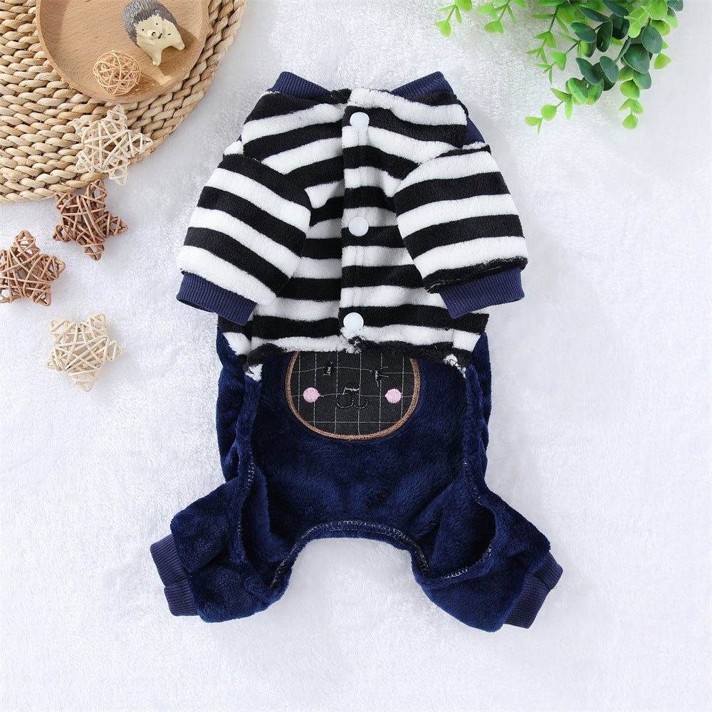 Pet four-leg flannel outfit with striped top and navy bear-print overall legs
