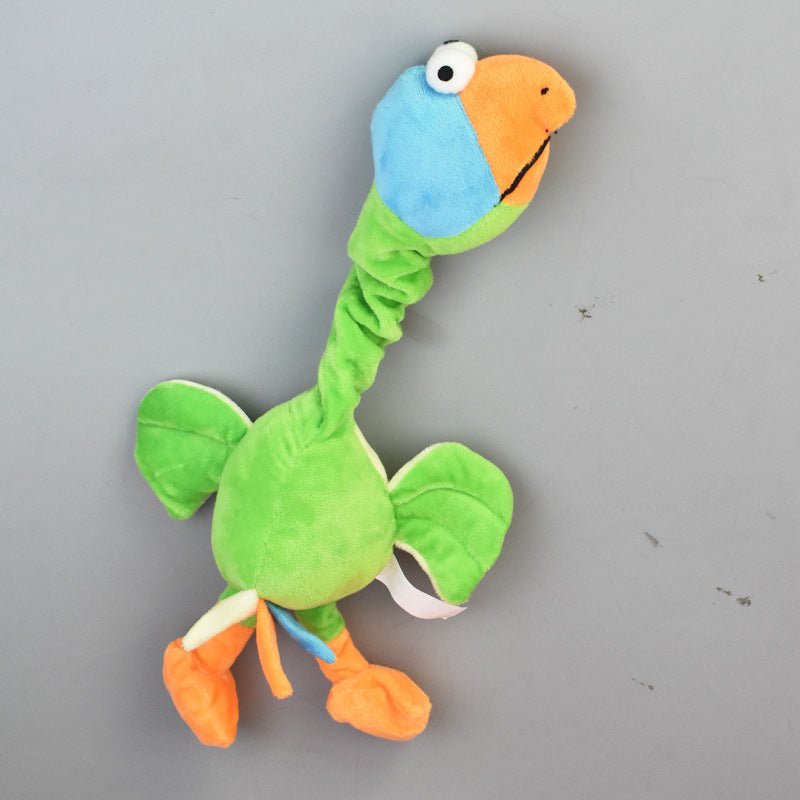 Green bite-resistant dog plush toy with blue head and orange paws