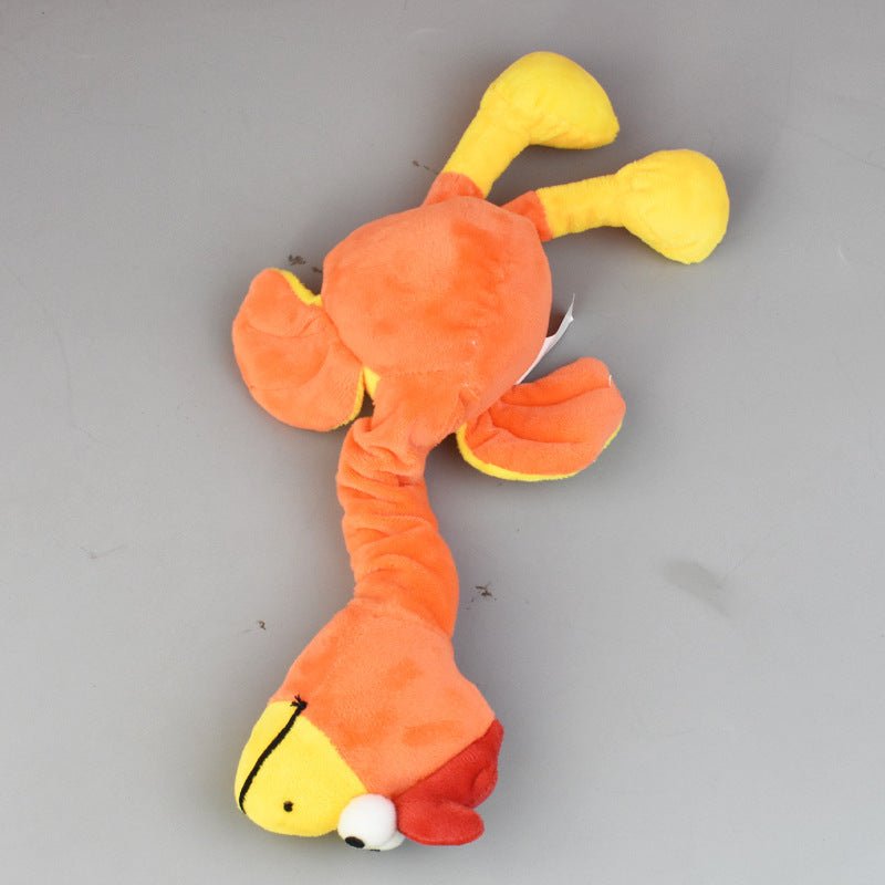 Orange bite-resistant dog plush toy with yellow arms and curled legs