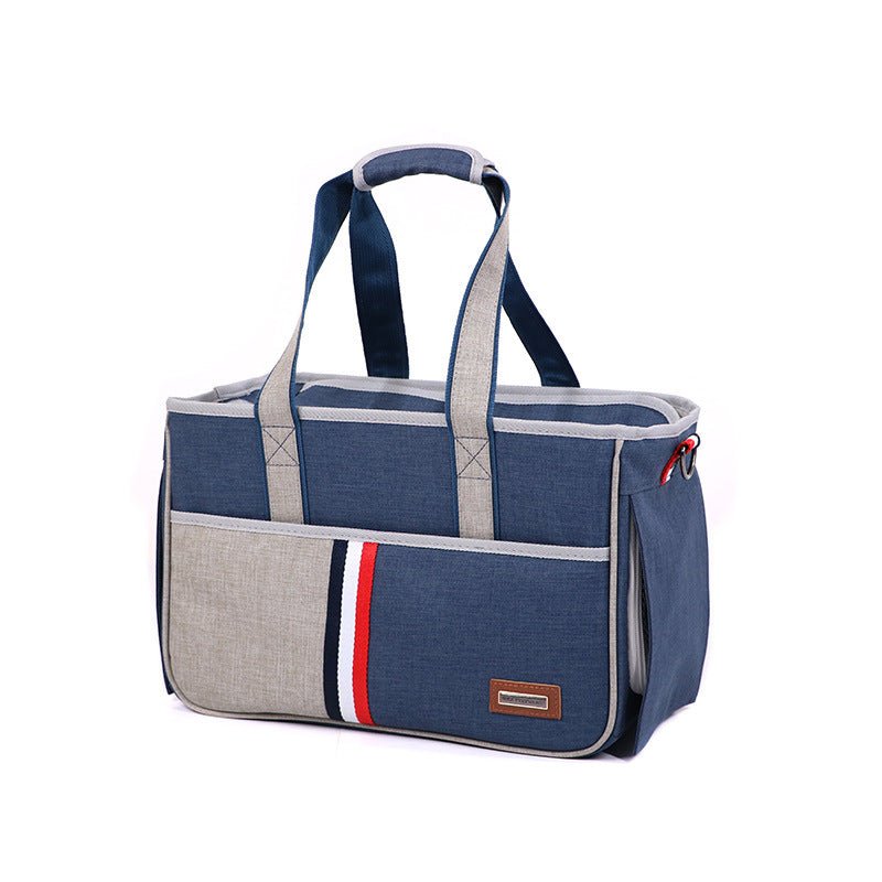 Foldable pet carrier tote, navy and light gray, with striped front band and mesh side pocket