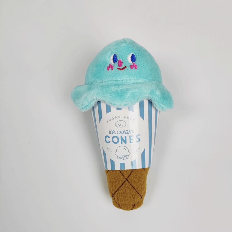 Mint-blue plush ice cream cone pet toy with cute face on the top