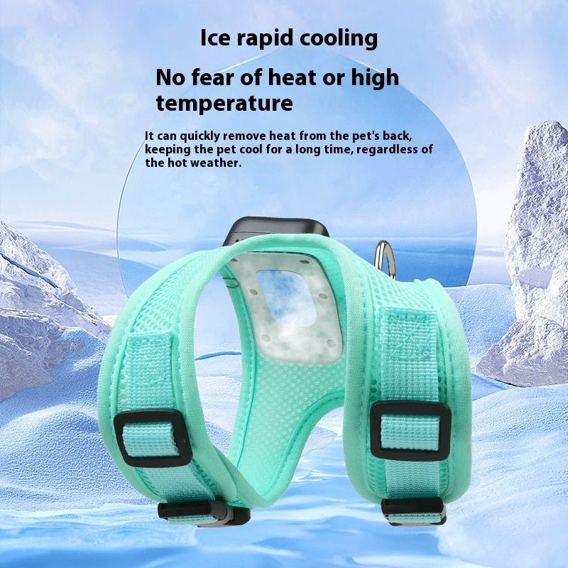 Mint green dog cooling chest strap harness with cooling window and buckles