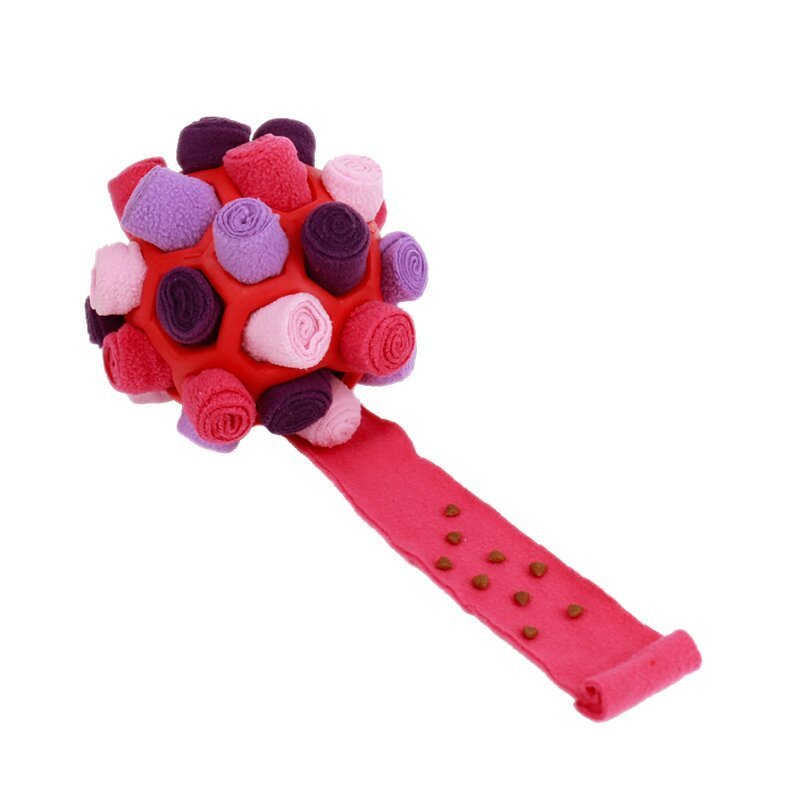 Dog sniffing plush ball toy with red and purple woven spheres and pink chew sleeve