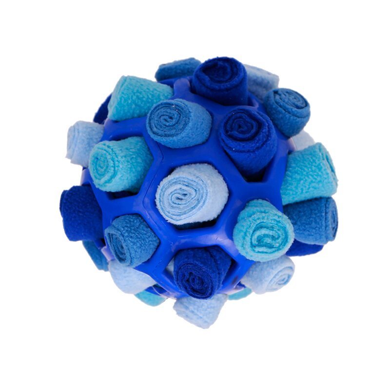 Blue fleece sniff toy ball with rosette details and dotted treat handle