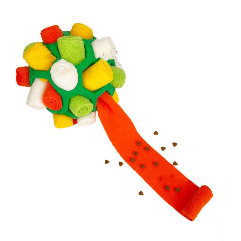 Green fleece sniff toy ball with white rosettes and red dotted treat handle