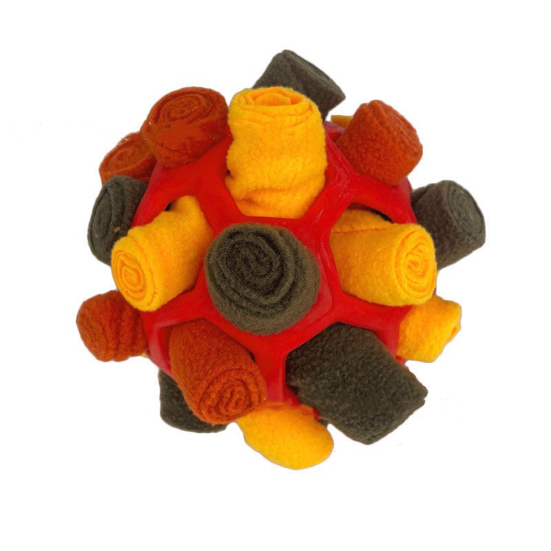 Red, orange, and dark gray fleece sniff toy ball with rosette details and no handle dots