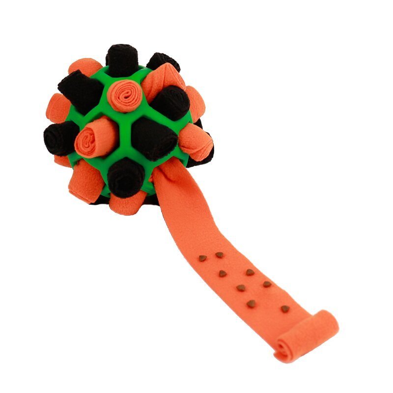 Orange and black fleece sniff toy with green center ball and dotted treat handle