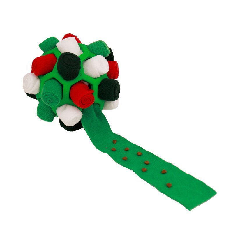 Green and white fleece sniff toy ball with red accents and dotted treat handle