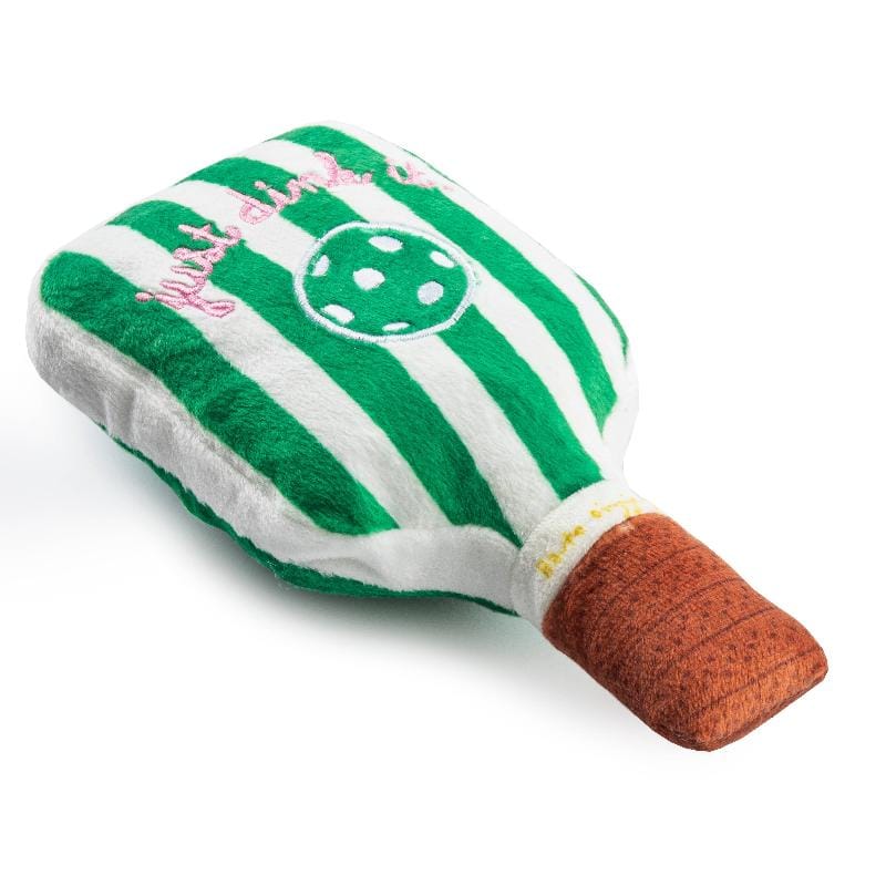 Pickleball paddle plush dog toy with green-and-white stripes and brown rubber handle