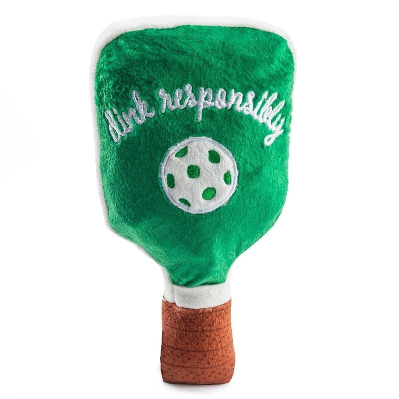 Pickleball paddle plush dog toy in solid green with ball logo and brown handle