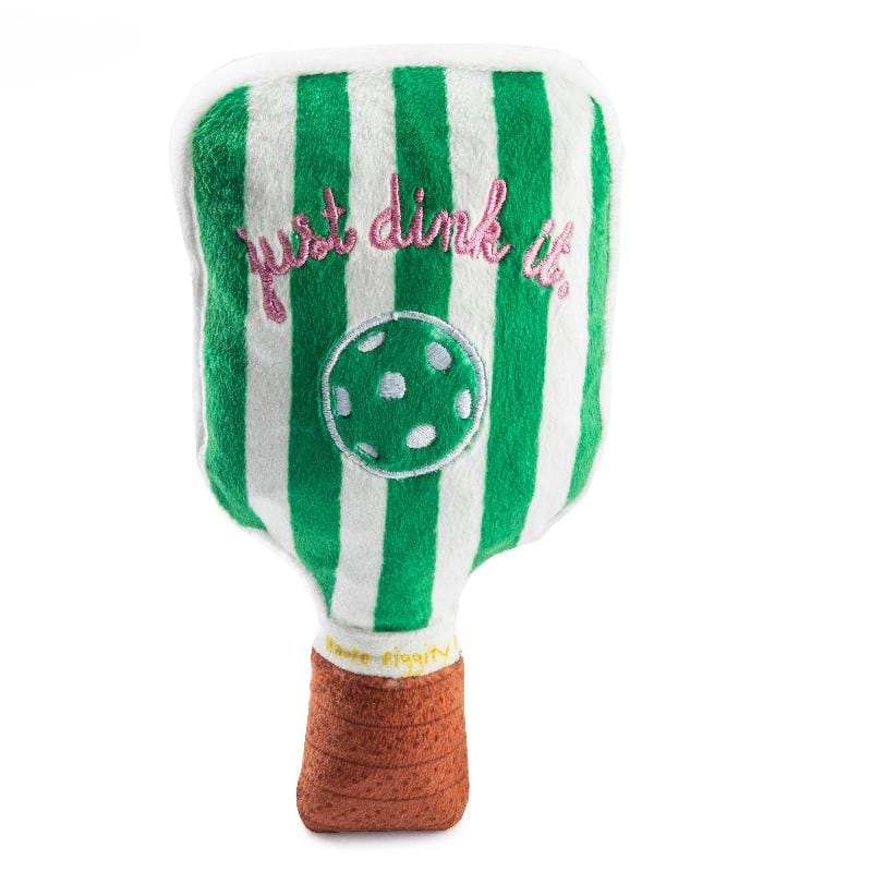 Pickleball paddle plush dog toy with green-and-white stripes and brown handle